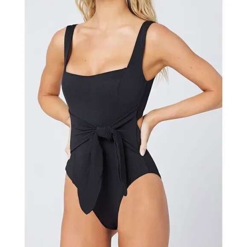 L*Space Balboa Pique Fabric One Piece Swimsuit Size S Tie Front‎ Black NEW